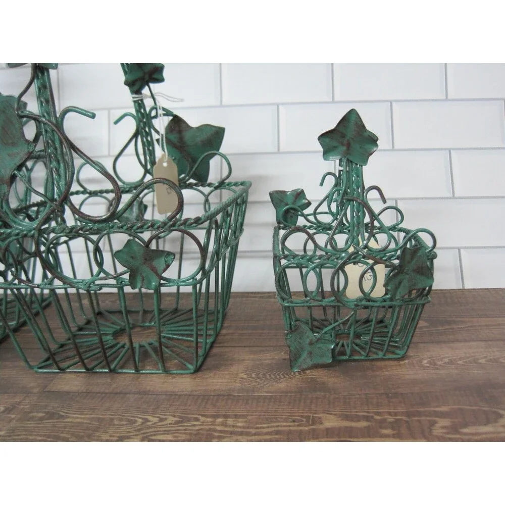 Lot of 3 Vintage Metal Wire Nesting Baskets Ivy Leaves w/ Handle NOS